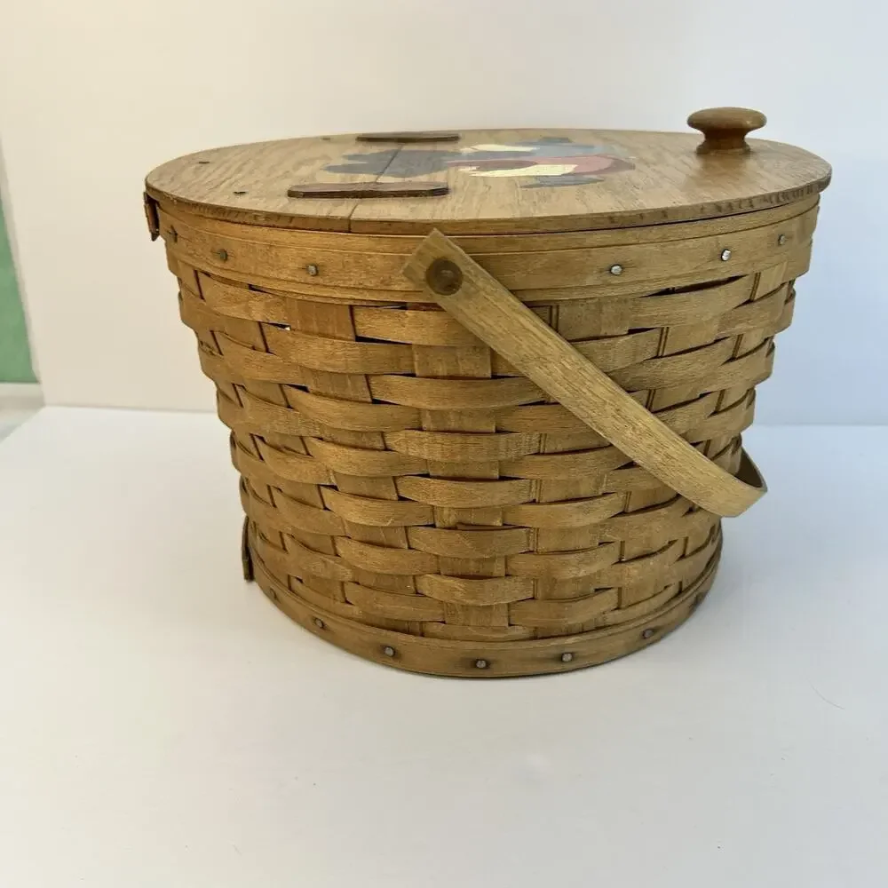 Vintage 1986 Longaberger Sewing Yarn Basket Leather Hinged Lid Painted - Picture 5 of 16